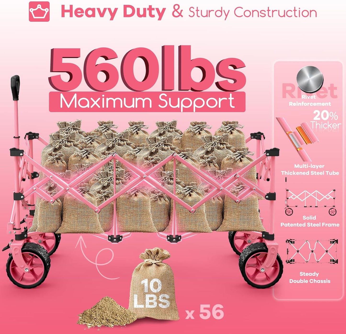 48" L Collapsible Wagon Cart Foldable, 560lbs Weight Capacity 300L Heavy Duty Folding Beach Wagons with Big All-Terrain Wheels, Utility Carts for Groceries, Shopping, Camping, Sports - Pink