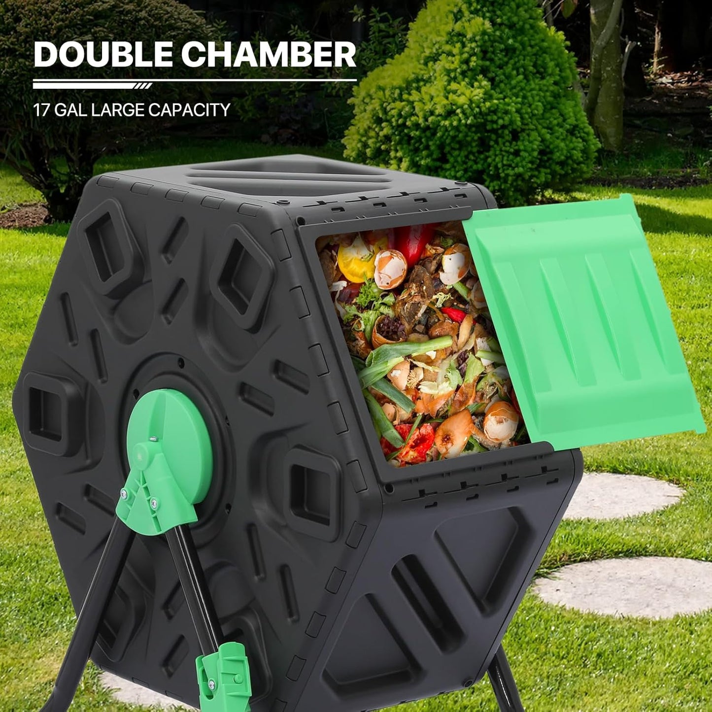 MoNiBloom 17 Gallon Single Compost Tumbler, BPA Free Outdoor Light Weight Compost Bin w/Sliding Door, All-Season Fast Working Rotating Chamber Composters for Garden Patio