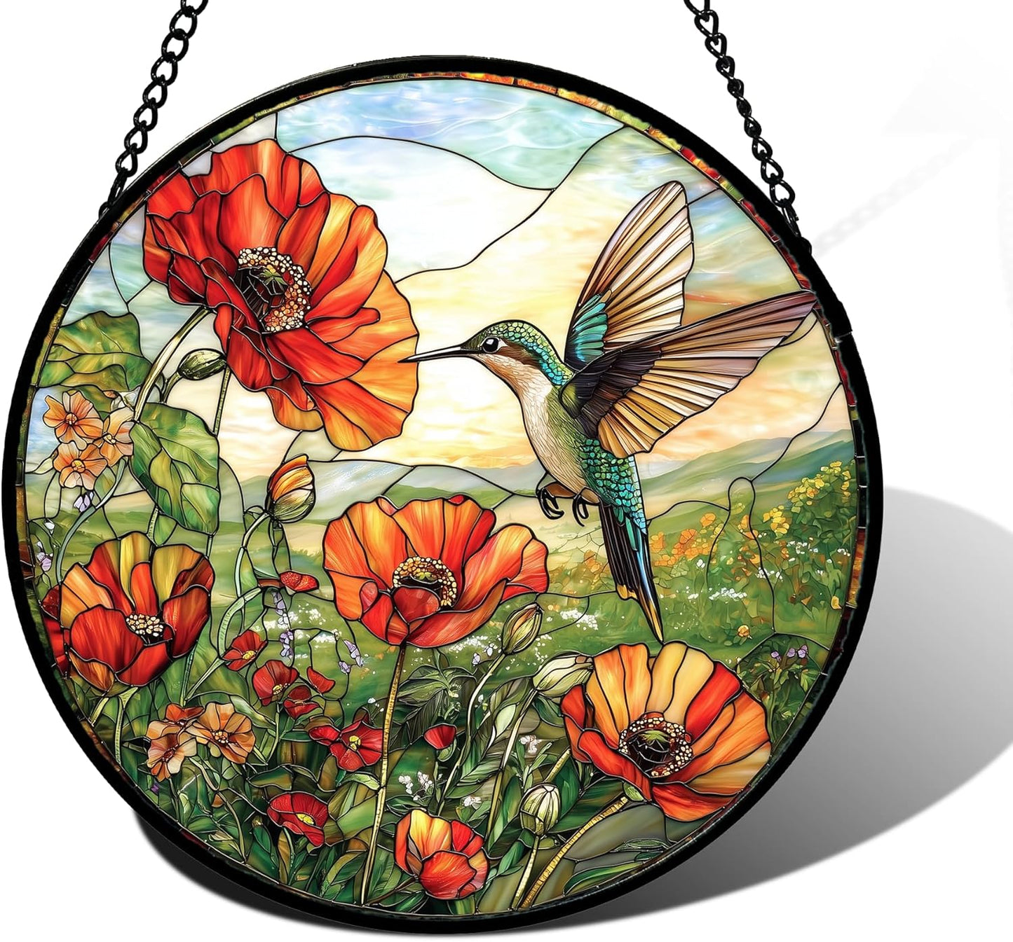 Stained Glass Window Hanging, Hummingbirds Orange Flowers Suncatcher Diamond Glass Panel Hangings Sun Catchers Decor for Birthday for Women, Men, Wife, Aunt, and Mom 6.3 in