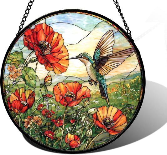 Stained Glass Window Hanging, Hummingbirds Orange Flowers Suncatcher Diamond Glass Panel Hangings Sun Catchers Decor for Birthday for Women, Men, Wife, Aunt, and Mom 7.8 in