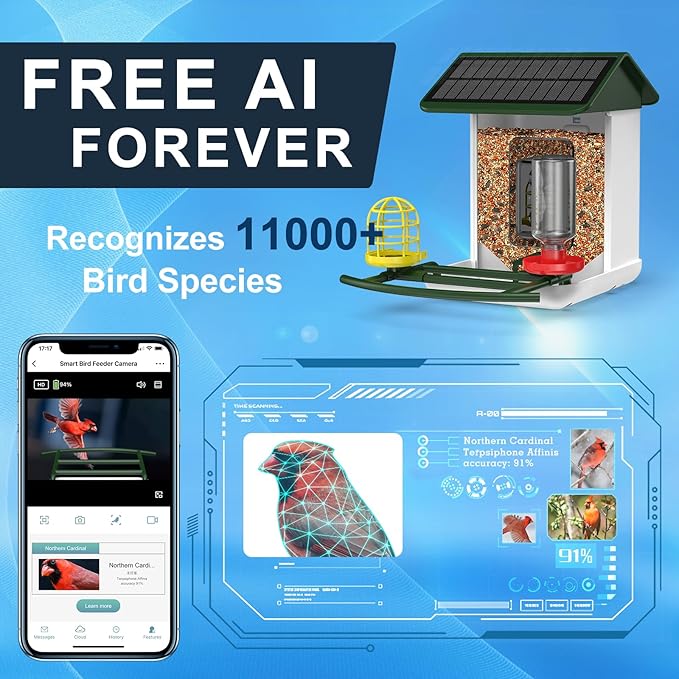 Bird Feeder with Camera-2K HD & Full Color Night Vision, Free AI Forever for 1,1000+ Species Identification, Solar Powered Wireless Outdoor, Includes 64GB TF Card, Two-Way Audio, App Alerts