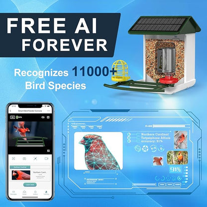 Bird Feeder with Camera-2K HD & Full Color Night Vision, Free AI Forever for 1,1000+ Species Identification, Solar Powered Wireless Outdoor, Includes 64GB TF Card, Two-Way Audio, App Alerts