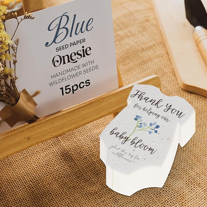 Onesie Seed Paper – 15 Blue Baby Shower Favors for Guests with Wildflower Seeds, Writable & Plantable, Baby Shower Gifts for Guest