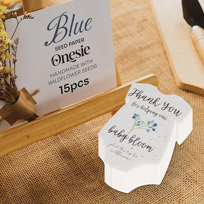 Onesie Seed Paper – 15 Blue Baby Shower Favors for Guests with Wildflower Seeds, Writable & Plantable, Baby Shower Gifts for Guest