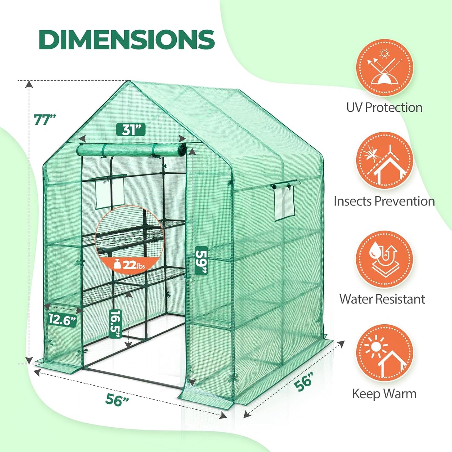 EAGLE PEAK Walk in 3-Tier Greenhouse with Wire Shelves, Portable Indoor and Outdoor Green House with Roll-Up Zippered Door & 2 Roll Up Windows, 8 Shelves, 56"x56"x77", Clear/Green PE Cover