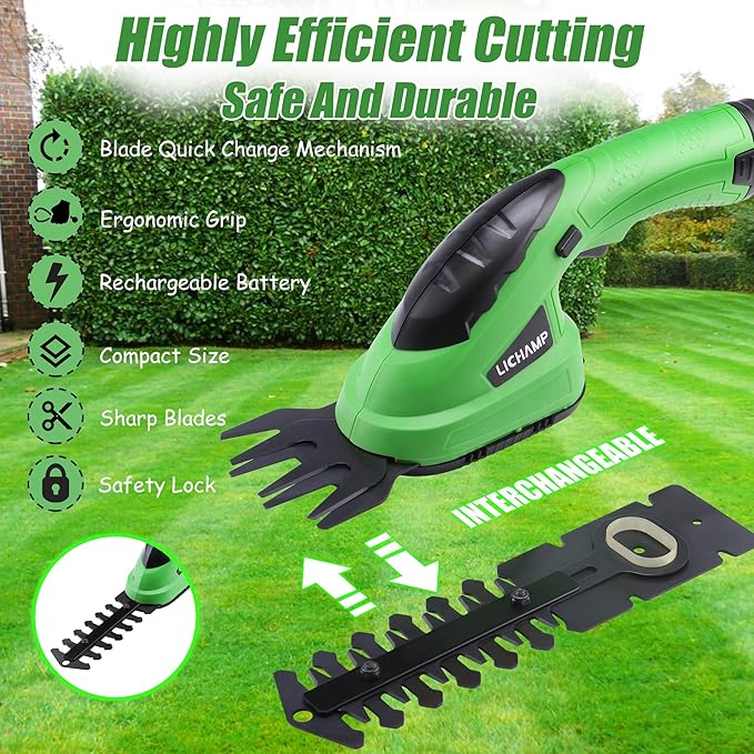 Lichamp 2-in-1 Electric Hand Held Grass Shear Hedge Trimmer Shrubbery Clipper Cordless Battery Powered Rechargeable for Garden and Lawn, CGS-3601 Grass Green