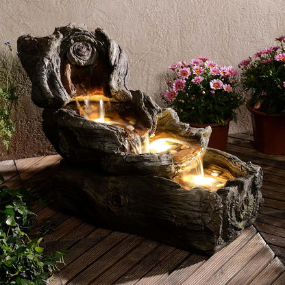 31.5" L Garden Water Fountain Outdoor, Artifical Imitation Wood Outdoor Water Fountain Natural Waterfall with LED Lights for Patio,Porch,Backyard,Home Art Decor（Resin）