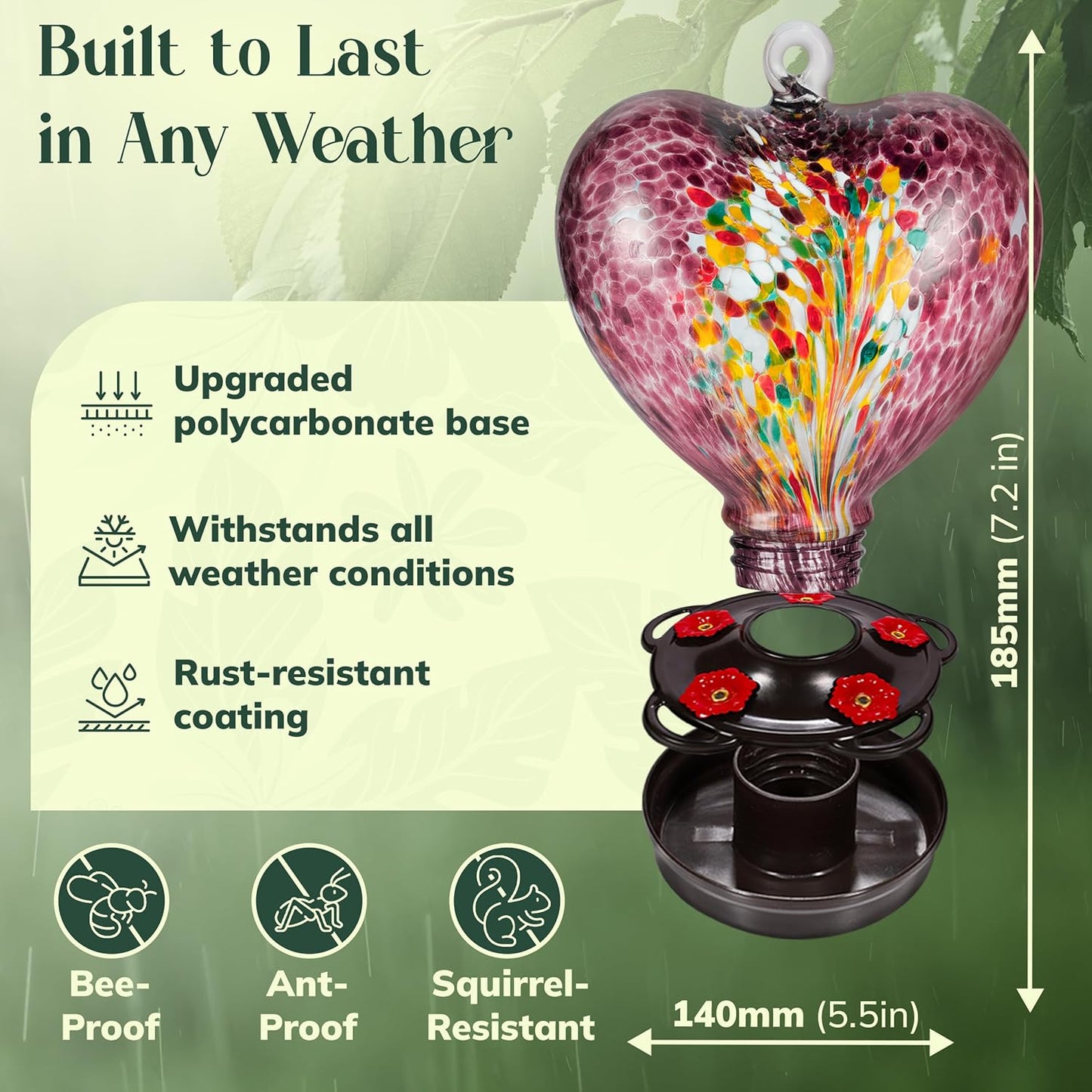 Hand Blown Glass Hummingbird Feeder for Outdoors All Season Use - 28 Fl. Oz. Leak Proof Hummingbird Feeder with Rust Proof Base - Includes Ant Moat, Ant & Bee Proof (Purple)