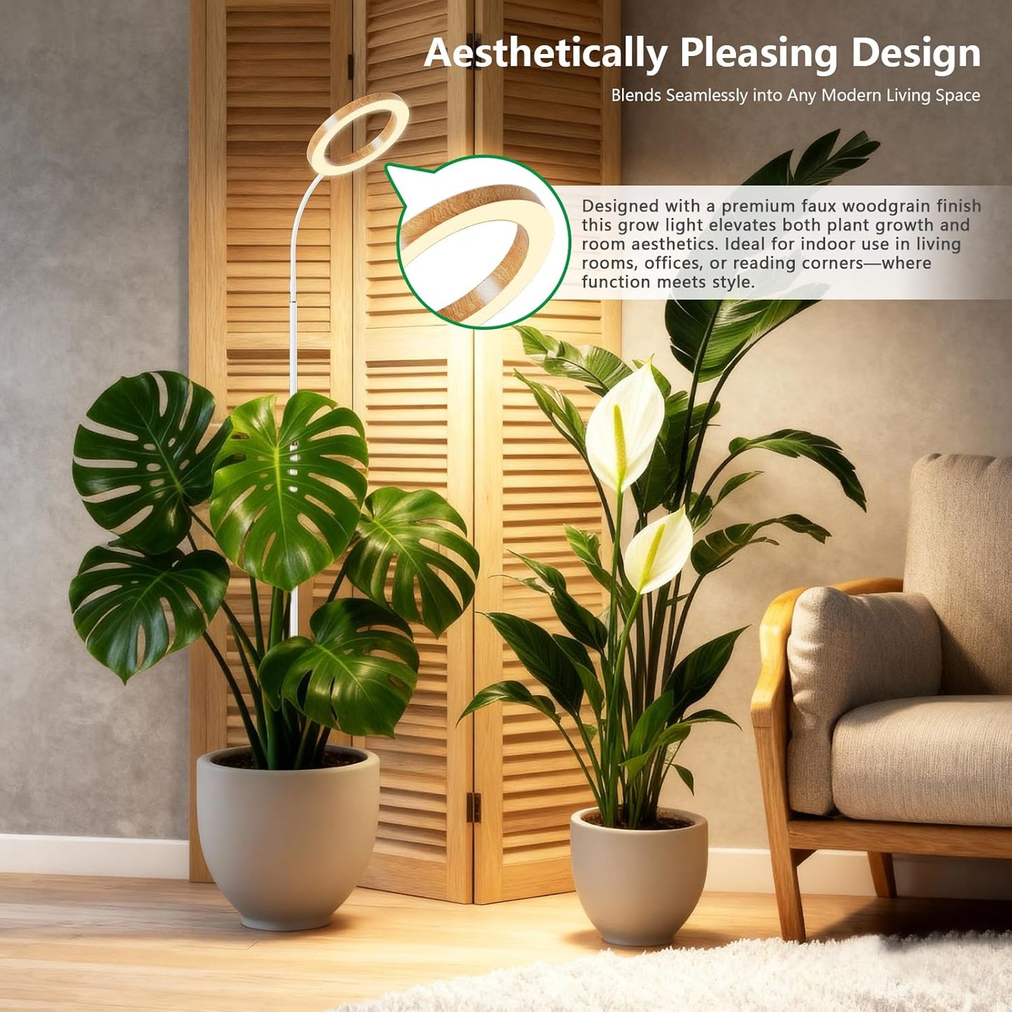 Full Spectrum Grow Light with Stand for Indoor Plants, Floor Plant Light, 6/12/18H Timer, 3 Color Modes, Adjustable Height 16.5–68in, for Large Plants & Home Décor(1 Head,Faux Wood Grain)