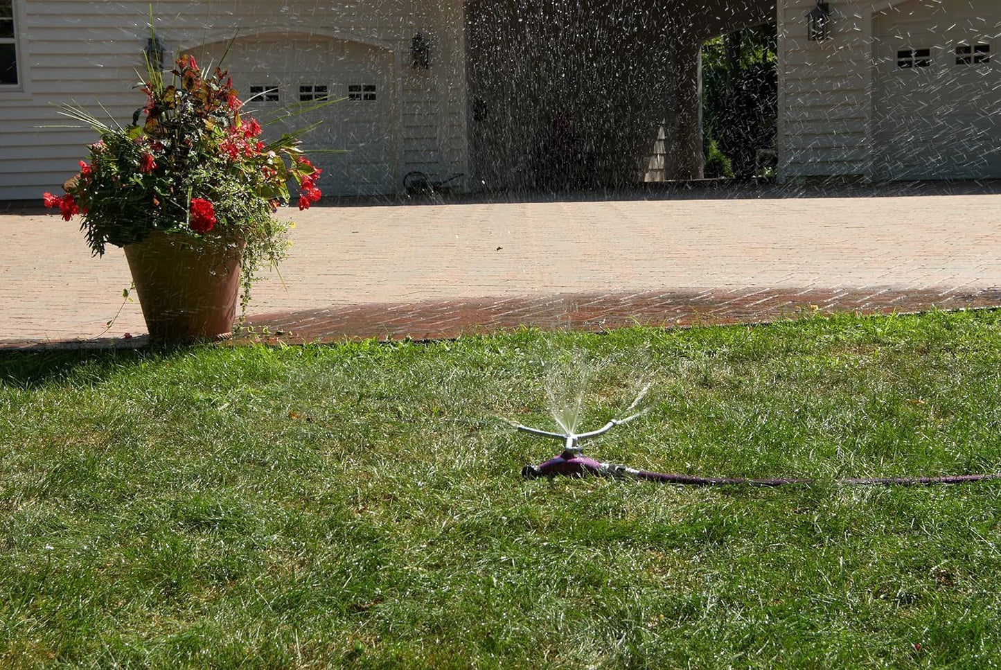 Dramm ColorStorm 3 Arm Whirling Sprinkler on 6" Wheeled Heavy Duty Metal Base, for Lawn, Yard, Garden and Large Area, Berry, 70 Ft Diameter Reach