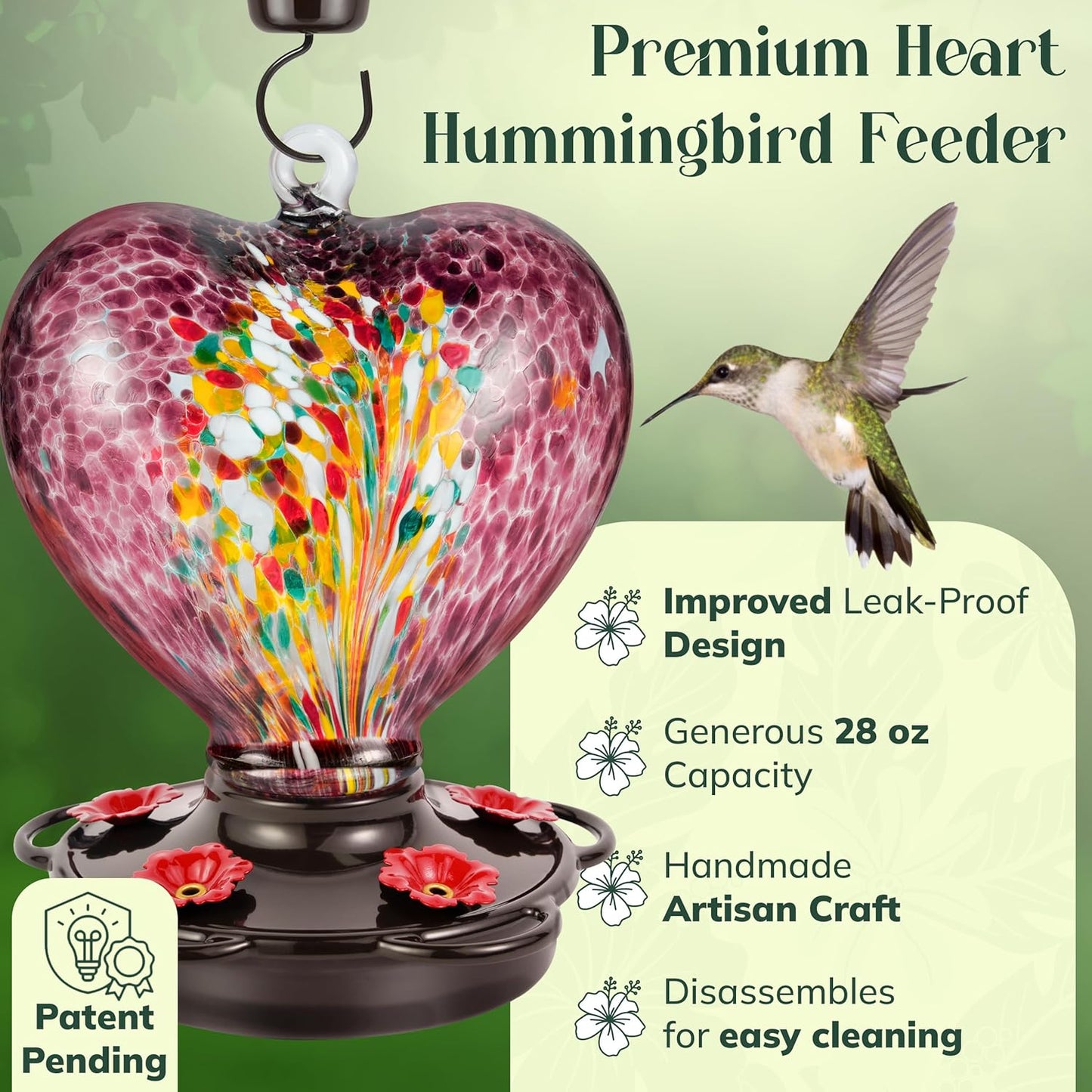 Hand Blown Glass Hummingbird Feeder for Outdoors All Season Use - 28 Fl. Oz. Leak Proof Hummingbird Feeder with Rust Proof Base - Includes Ant Moat, Ant & Bee Proof (Purple)