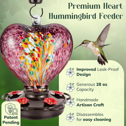 Hand Blown Glass Hummingbird Feeder for Outdoors All Season Use - 28 Fl. Oz. Leak Proof Hummingbird Feeder with Rust Proof Base - Includes Ant Moat, Ant & Bee Proof (Purple)