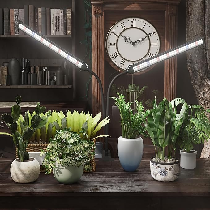 GooingTop Grow Light LED Gooseneck Lamp,Dual-Head White Full Spectrum 148 LED Plant Lamp with Red Blue Light Clip-on Desk for Indoor Plants Growing,Diming & Auto Timer