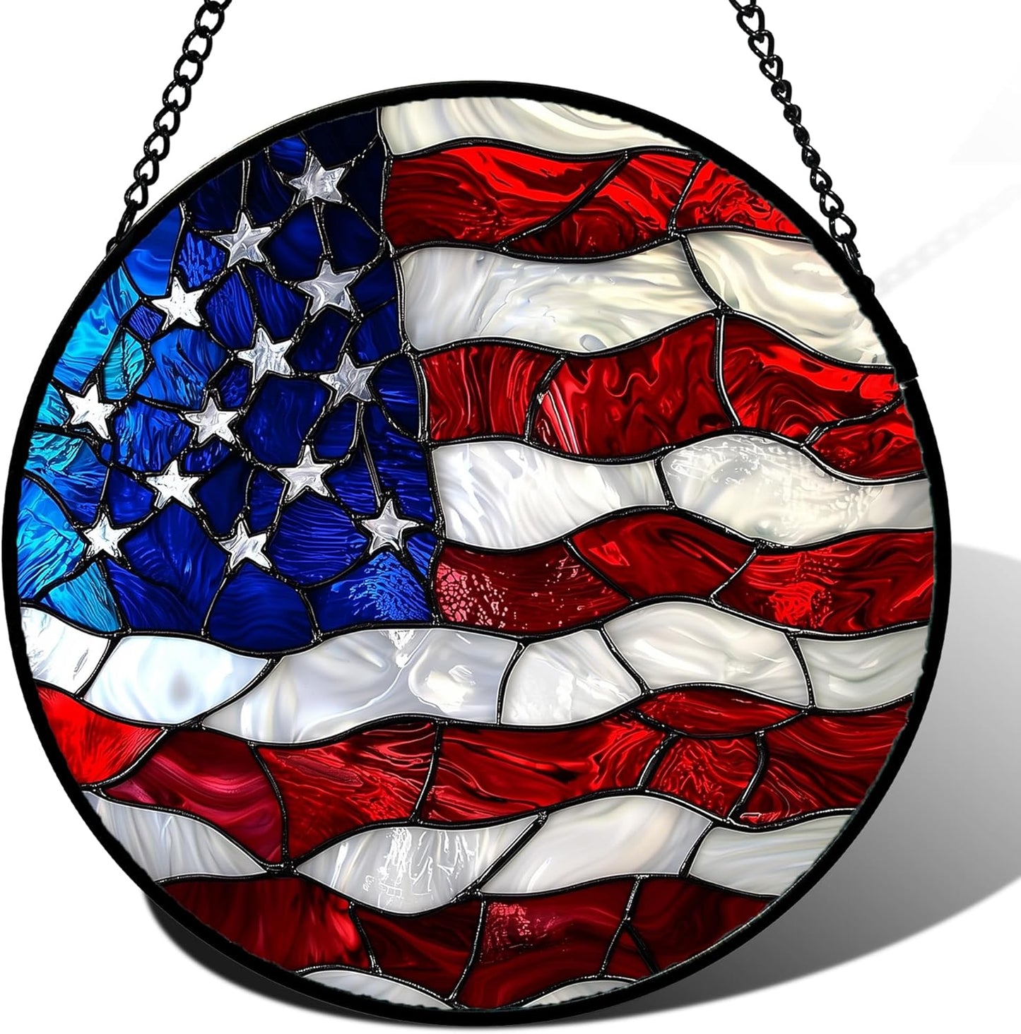 Stained Glass Window Hanging, Blue, White Red National Flag Pattern Sun Catchers Diamond Glass Panel Window Hangings Decor for Birthday Gifts for Women, Men, and Mom 14.9x14.9IN