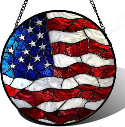 Stained Glass Window Hanging, Blue, White Red National Flag Pattern Sun Catchers Diamond Glass Panel Window Hangings Decor for Birthday Gifts for Women, Men, and Mom 14.9x14.9IN