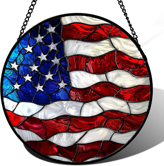 Stained Glass Window Hanging, Blue, White Red National Flag Pattern Sun Catchers Diamond Glass Panel Window Hangings Decor for Birthday Gifts for Women, Men, and Mom 14.9x14.9IN