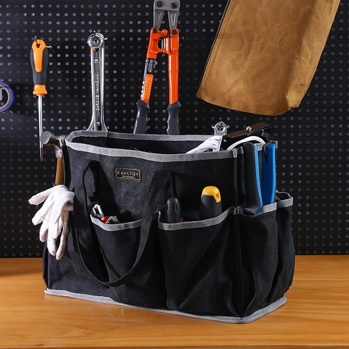Canvas Tool Tote Bag, Heavy Duty 16oz Waxed Canvas Tool Storage Pouch with 1 Large Compartment & 10 Small Pockets | Multi-Purpose Garden Tool Bag for Horticulturists Mechanics Craftsmen – Black