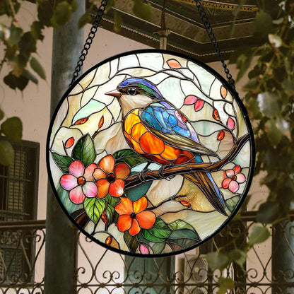 Stained Glass Window Hanging, Blue Bird Pink Flower Suncatcher Diamond Glass Panel Bird Sun Catchers Decor for Birthday for Women, Men, Wife, Aunt, and Mom 14.9x14.9 in