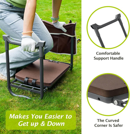 ikkle Garden Kneeler and Seat Gardening Stool Kneeler Folding Gardening Bench with Thicker Detachable Kneeling Pad and Tool Store Pouches (Brown)