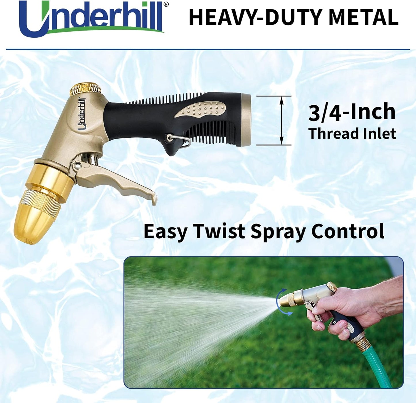 Underhill Prospray Gold Series Garden Water Hose Gun Nozzle Sprayer Head, 3/4-Inch Thread Inlet, Jet Attachment, Heavy-Duty Metal, Adjustable, NG200-P