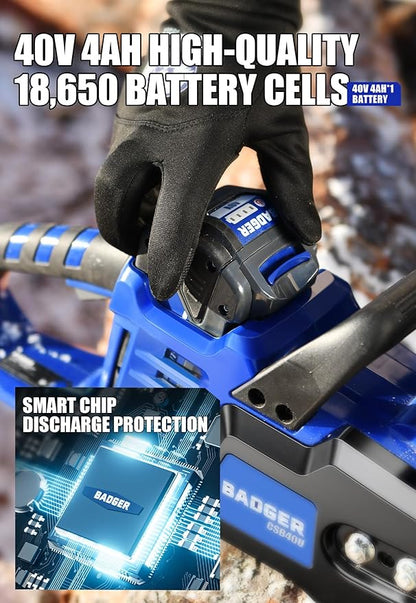 WILD BADGER POWER Electric Chainsaw Cordless 40V 16" Brushless, 4.0 Ah Battery and Charger, Smart Cut technology, Efficient cutting, Safe and Reliable, Great for Tree Felling, Storm Clean-Up, Pruning