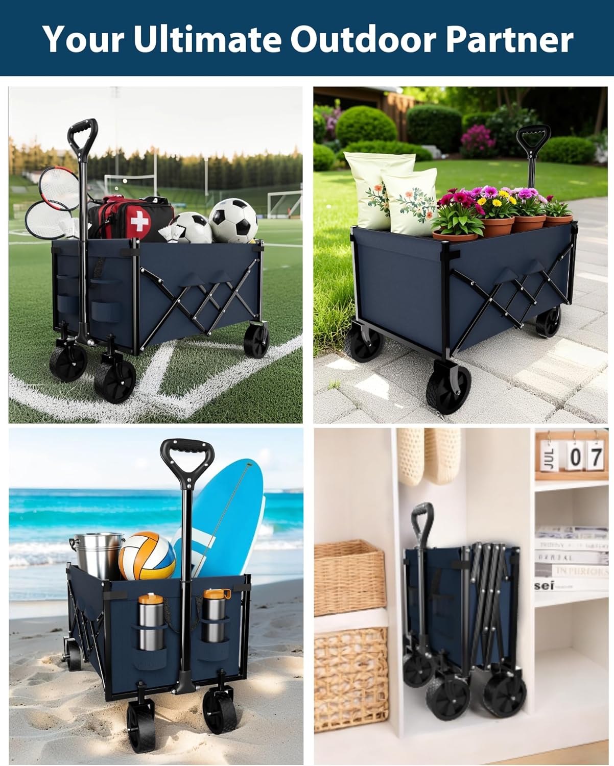 Lightweight Folding Wagon, Large Capacity Collapsible Grocery Cart on Big Wheels, Heavy Duty Foldable Shopping Carts, All-Terrain Outdoor Utility Carts, 3.5 Cu Ft, Blue