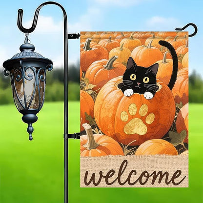 Thanksgiving Fall Garden Flag 12x18 Inch Welcome Black Cat Flag Double Sided Outdoor Autumn Yard Banner with Pumpkins and Paw Print for Porch Lawn Patio Seasonal Decor