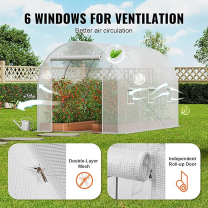 VEVOR Walk-in Tunnel Greenhouse, 9.6x6.4x6.2 ft Hoop House Greenhouse Tunnel, Plant Hot House with Galvanized Steel Frame, White PE Cover, Roll-up Zipper Door and 6 Windows for Outdoor