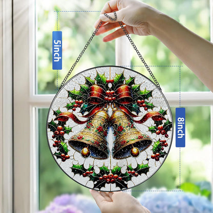 Stained Glass Window Hanging, Pauyadu Sun Catchers Indoor Window, Bells Christmas Suncatcher, Christmas Home Decor, Festive Gifts for Friends, Neighbor - 8 Inch