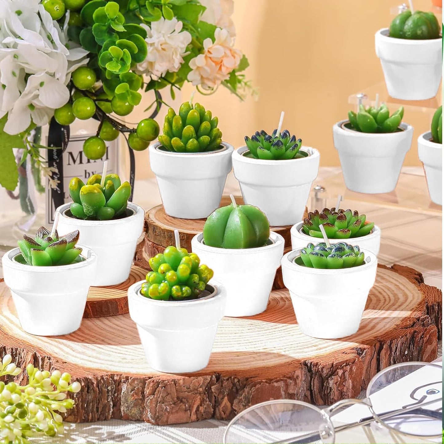 Shihanee 48 Pcs Succulent Cactus Decorative Tealight Baby Shower Plant Candles Bridal Shower Novelty Handmade Tealight Terrarium Plant Candles for Fiesta Birthday Wedding Party(White)