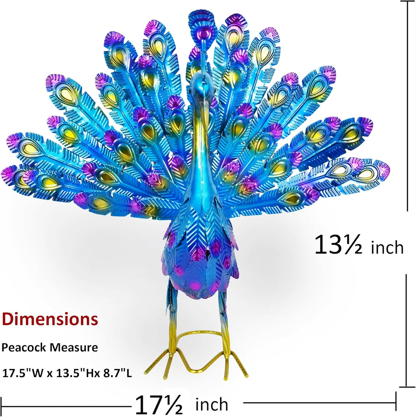 MACLARONX Metal Peacock Garden Yard Art Outdoor Statue Standing Sculpture for Backyard Lawn Patio Home Decorations, 17'' W Multi-Color, Blue-peacock