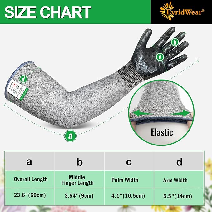 Evridwear Long Gardening Gloves Cut Resistant Sleeves with Anti-slip Nitrile Coated Palm for Gardening and Landscaping