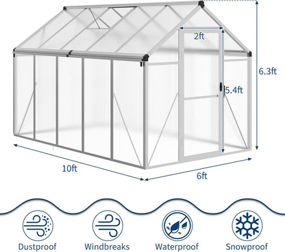 6x10 ft Greenhouse for Outdoors, Polycarbonate Greenhouse with Roof Vent, Ground Nails, Lockable Push Door, Aluminum Large Walk-in Green House for Outside Garden Backyard, Patio, Lawn, Silver