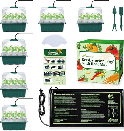 Seedfactor 7-Pack Seed Starter Kit with Grow Light (12 Cells per Tray), Plant Germination Trays with Adjustable Humidity Dome Seed Trays Seedling Starter with Base Trays for Germination