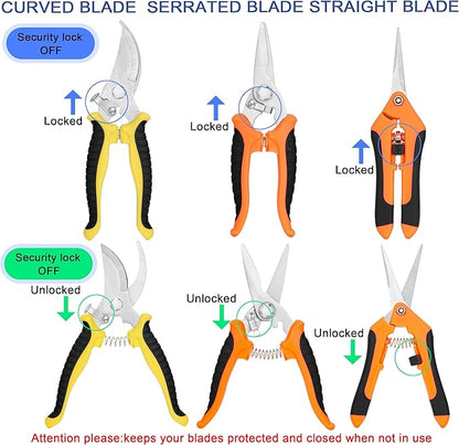 3-pack Garden Pruning Shears Set with Stainless Steel Blades, Bypass Pruners, Handheld Secateurs, Tree Trimmers, & Scissors Whetstone,a Clean Brush and a Hard Case, Ideal for trimming, pruning
