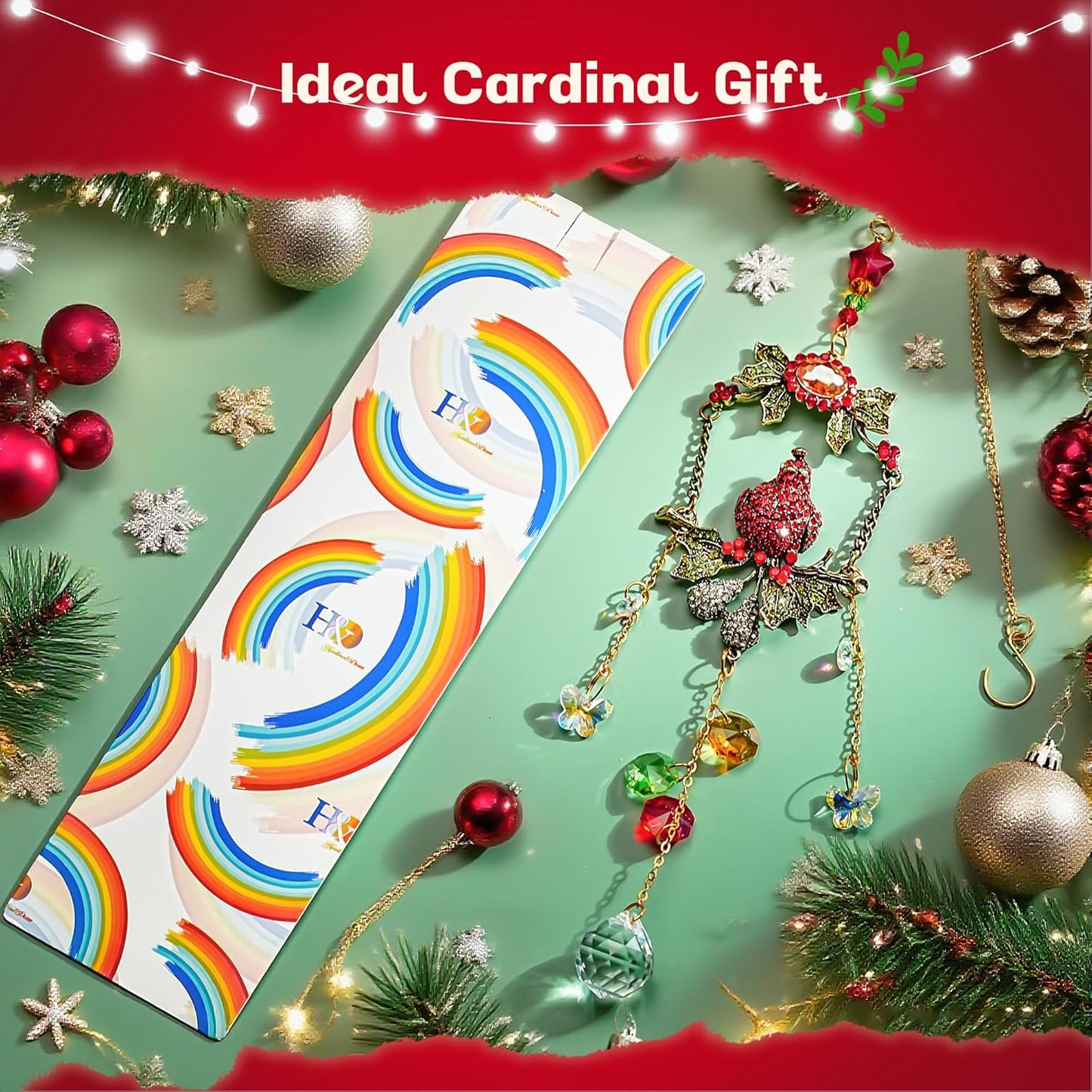 H&D HYALINE & DORA Cardinal on A Branch Suncatchers for Windows 17.5 Inch Crystal Sun Catcher with Metal Chain and Hooks Christmas Birthday Gift for Bird Lovers Women