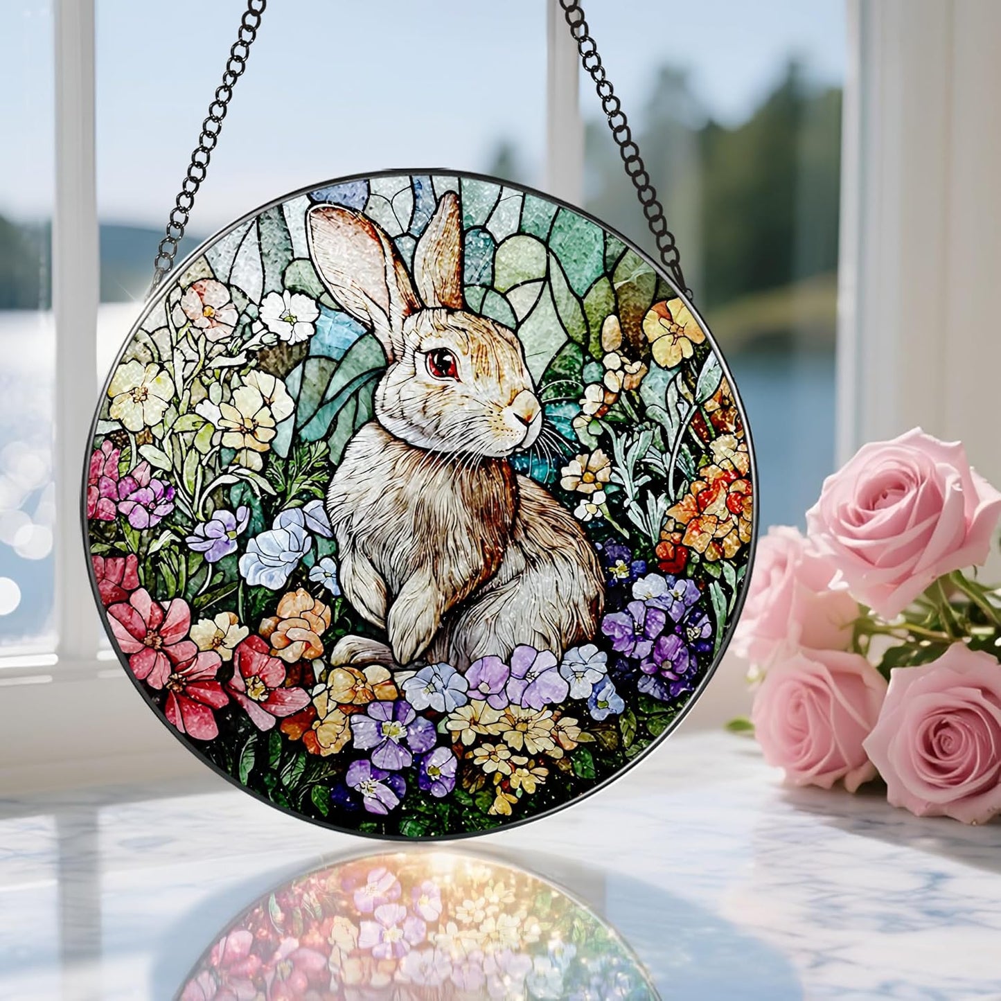 Stained Glass Window Hanging, 8 Inch Rabbit Sun Catcher, Bunny Stained Glass Suncatcher, Window Decor, Gifts for Mothers Day, Birthday, Christmas, Rabbit Lovers Gifts, Gift for Women Mom and Friend