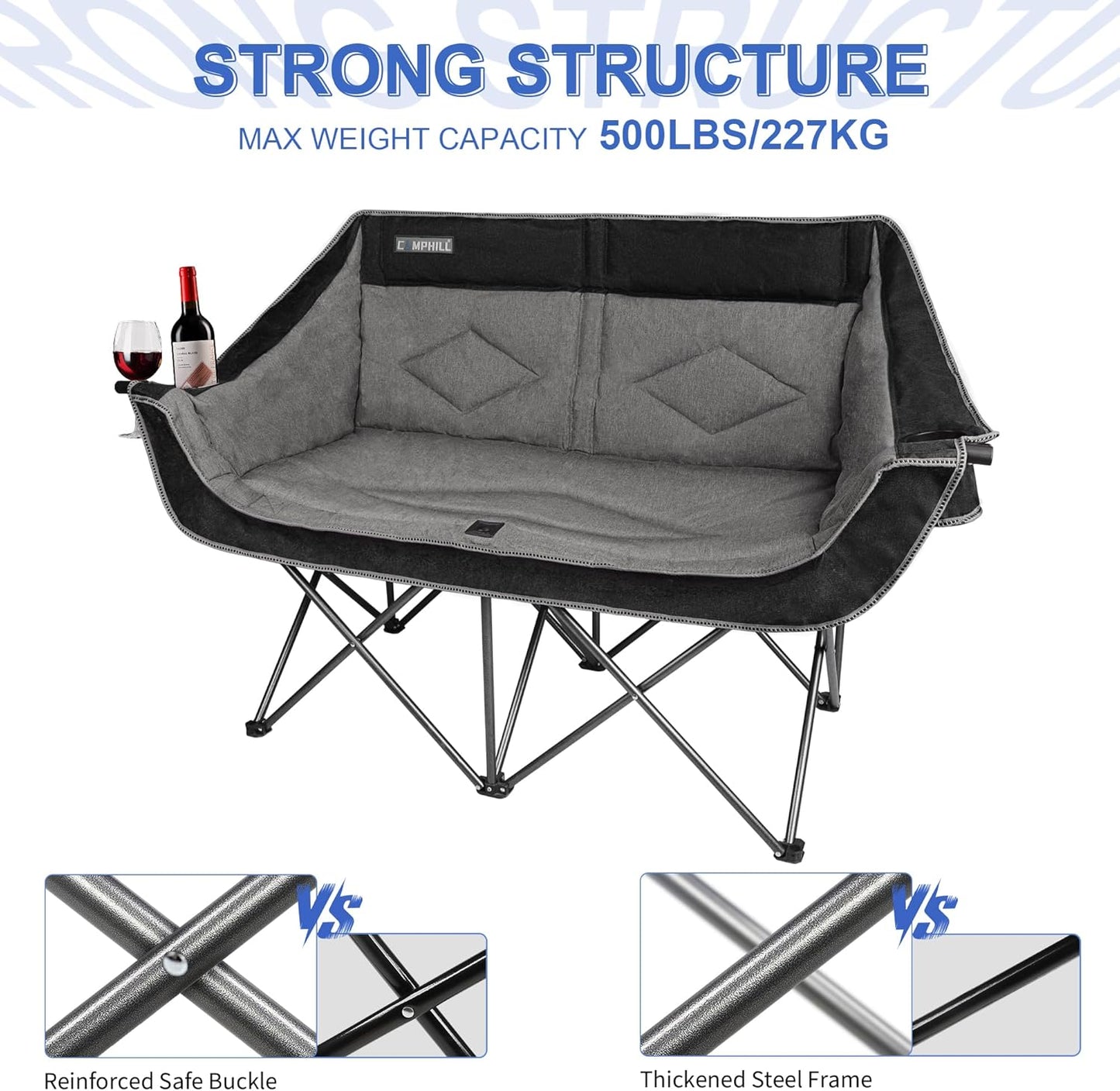 Oversized Double Camping Chair-Heavy Duty 2 Person Folding Loveseat Camp Couch for Adults,Portable Outdoor Lawn Chairs with Padded Seat for Fishing,Sports and Patio,Supports 500 LBS,Black