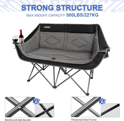 Oversized Double Camping Chair-Heavy Duty 2 Person Folding Loveseat Camp Couch for Adults,Portable Outdoor Lawn Chairs with Padded Seat for Fishing,Sports and Patio,Supports 500 LBS,Black
