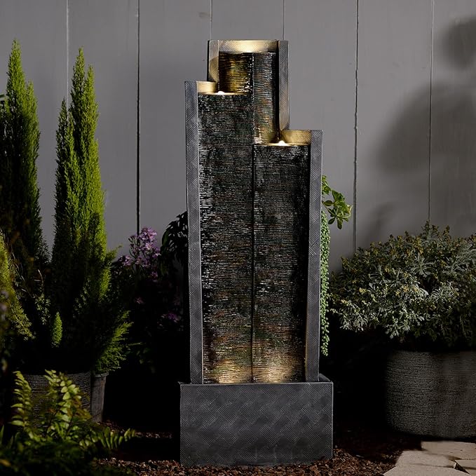 Modern Indoor Water Fountain,49.6" H Outdoor Garden Water Fountains Cascading Floor - Standing Tall Waterfall Outdoor Feature with LED Lights for Patio, Backyard, Deck, Porch and Home Art Decor