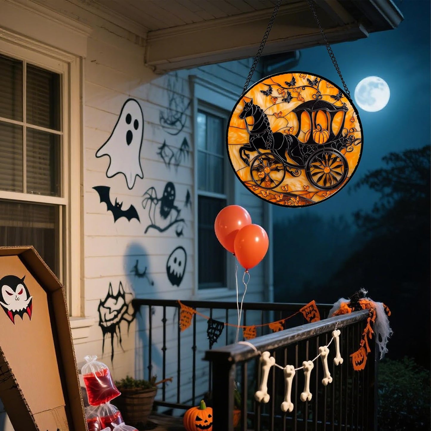 Stained Glass Window Hanging - Halloween Pumpkin Carriage Suncatcher for Doors Window Garden Indoor Spooky Funny Orange Sun Catchers Gothic Decor Horror Gifts for Women Men Friend 7.8 in