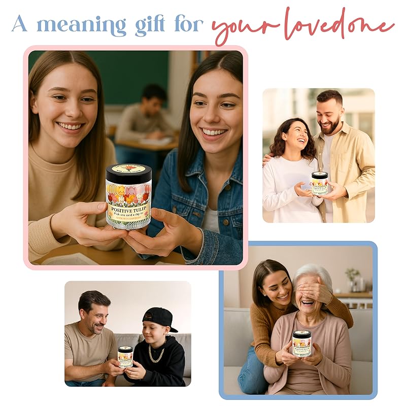 Positive Tulip Jar With 60 Affirmation Cards – Inspirational Gifts And Teacher Desk Decor, Tulips Flowers Themed Gifts For Women, Stress Relief And Daily Positivity, Staff Appreciation Gifts