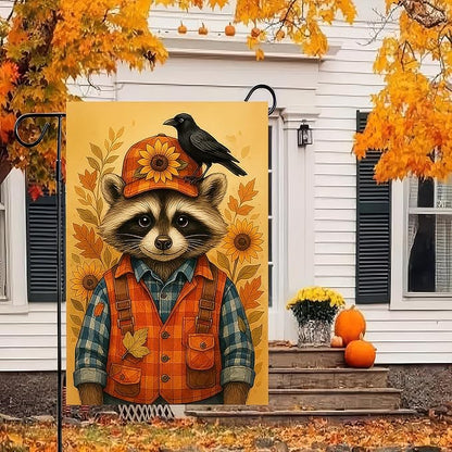 Thanksgiving Fall Garden Flag 12x18 Inch Welcome Raccoon Outdoor Flag Double Sided Autumn Yard Banner with Sunflower Hat and Bird for Porch Lawn Patio Seasonal Decor