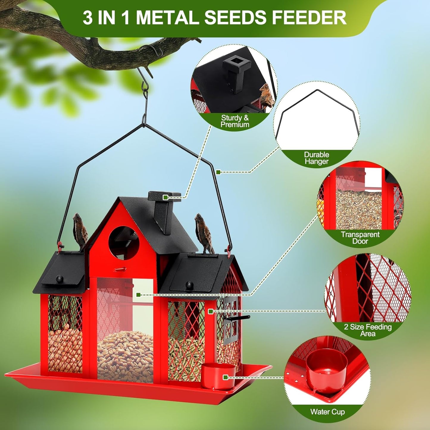 Solar Bird Feeders House for Outdoors Hanging, 7LBS Large Capacity Metal Wild Bird Feeder Squirrel Proof for Outside with Water Cup, Cardinal Birdfeeder Birdhouses Gift for Bird Lovers (Red)