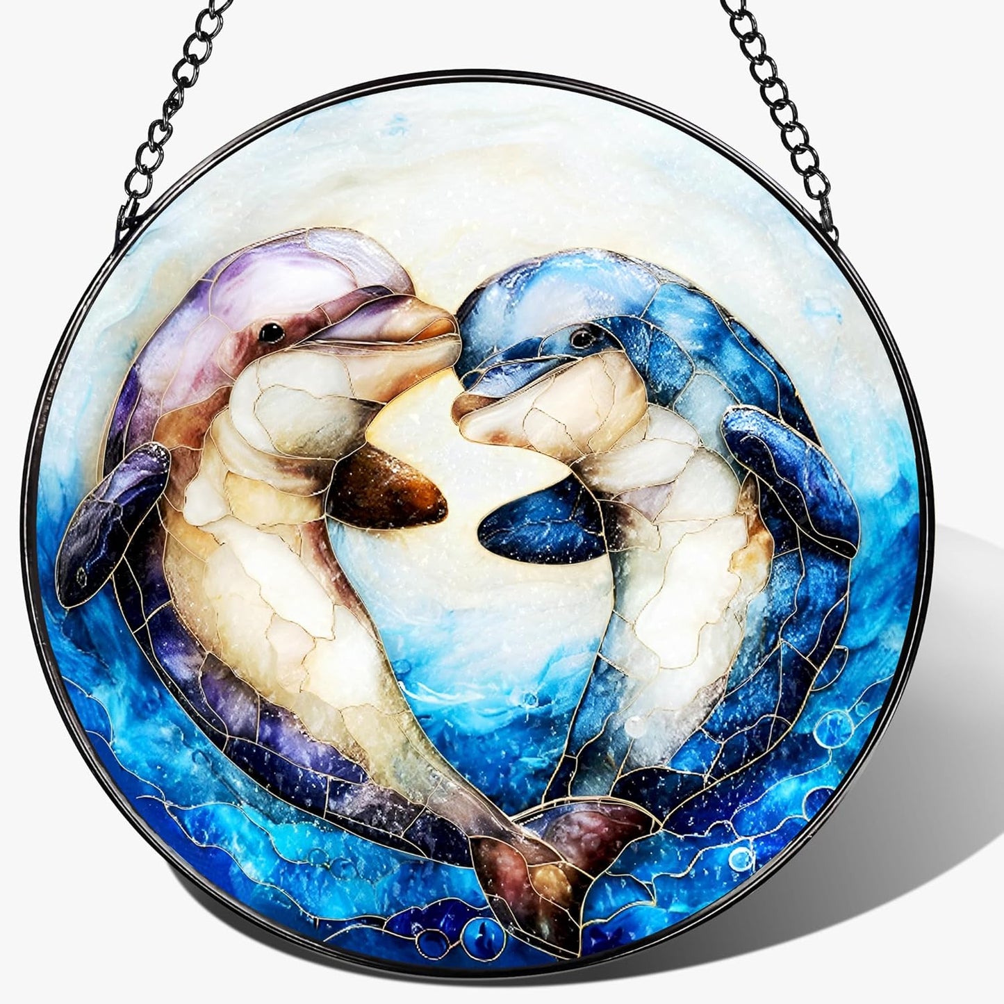 Stained Glass Window Hanging, 8 Inch Dolphin Sun Catcher Decor, Stained Glass Ornament, Suncatchers for Windows Hanging, Window Decor, Dolphin Gifts, Gift for Couples