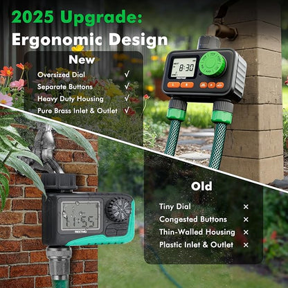 RESTMO RF Remote Controlled Sprinkler Timer with Brass Inlet & Outlet, Water Timer for Garden Hose, Automatic/Manual/Rain Delay for Outdoor Faucet, Drip Irrigation and Lawn Watering, 2 Outlet