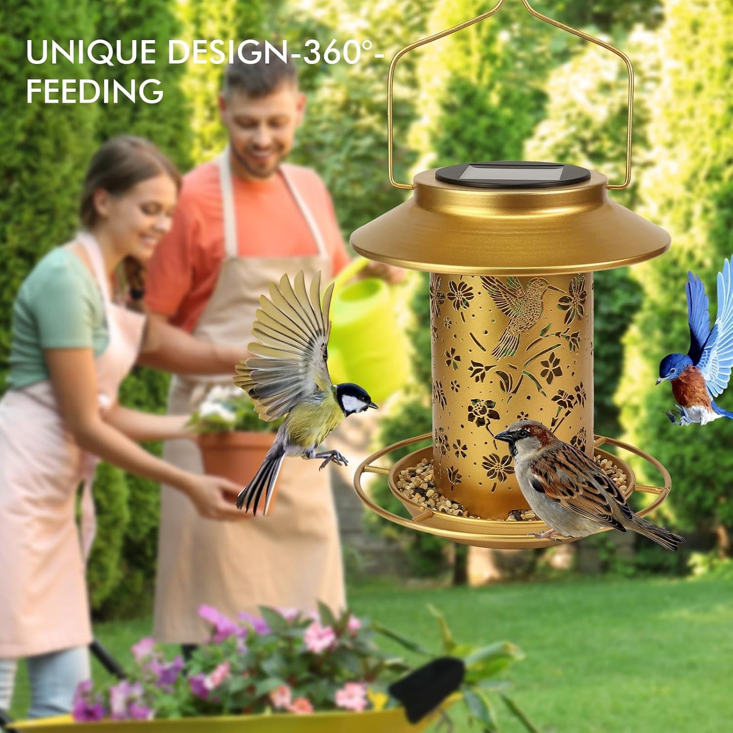Solar Bird Feeders Outdoors Hanging - Metal Waterproof Outside Wild Bird Feeders Solar Garden Lantern Ideal Gift for Bird Lovers, Women and Mom, Decoration for Yard, Patio, Lawn