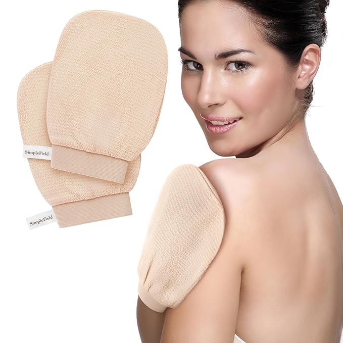 Korean Exfoliating Mitt for Remove Dead Skin. 2 Pack 100% Viscose Kessa Deep Exfoliating Gloves for Body Scrub, Keratosis Pilaris & Self Tanning Removal. Smooth Skin Surface. (Muted Peach)