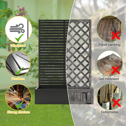 FENCY Metal Raised Garden Bed with Trellis, Metal Planter Box with Trellis, Garden Box for Climbing Plants Vegetable, 47" Lx16 Wx71 H Garden Bed with Drainage Holes(Black-Louvered)