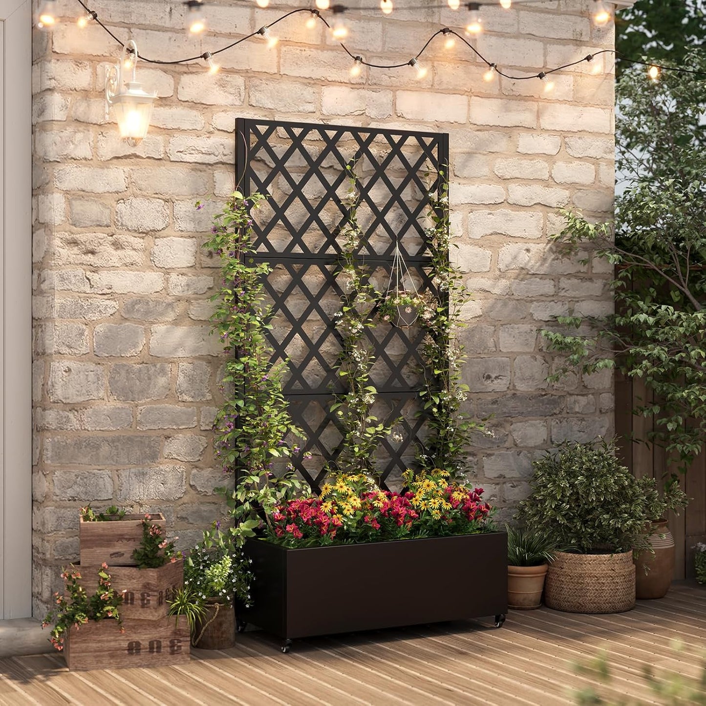 Metal Raised Garden Bed with Trellis & Wheels,72" x 35"x 15.7" Planter Box with Trellis,Privacy Planters for Patio,Garden Bed for Climbing Plants,Suitable for Climbing Plants and Vegetables,Black